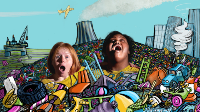 A head and shoulder photograph of the main characters Maisie and Jenny. Maisie (on the right) is Black woman with brown eyes and black hair. She has her mouth open, as if surprised, and is looking upwards. Jenny (on the left) is a white woman with blue eyes and ginger chin length hair. She has her mouth open, as if concerned, and is looking directly at the camera. They are buried in a pile of colourful illustrated rubbish. The rubbish pile extends into the distance where it meets a polluted sea occupied by an oil rig, a cooling tower pouring out smoke and a cityscape. Other illustrated elements include a tornado and a plane flying overhead.