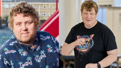 Two photos of the podcast speaker and guest. On the left Paul Wilshaw, a white man with curly brown hair, blue eyes and wearing a blue Hawaiian shirt smiles at the camera. On the right Rob Ewens, a white man with blonde short hair, brown eyes wearing a black top with a picture of the Cheshire Cat in neon colours, smiles at the camera with his right hand in a fist in front of his body.