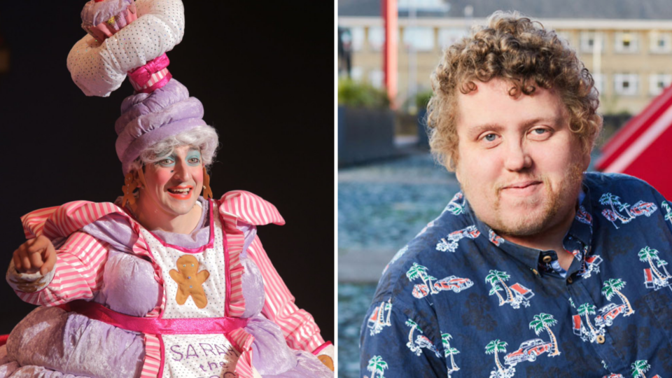 On the left, an image of Chris Hannon a white middle-aged male dressed as a dame. He is wearing a purple hat that has a cake on top, and a big purple and pink dress that has a gingerbread man on it. On the right, Paul Wilshaw smiles at the camera, he has brown curly hair and is wearing a blue Hawaiian shirt.